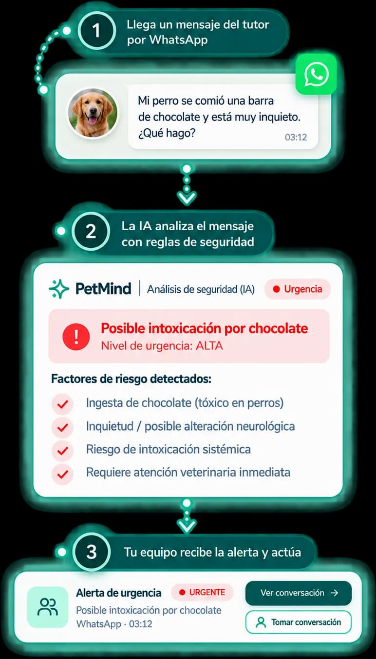 Ejemplo del flujo ante una señal de alarma en tres pasos. 1: llega por WhatsApp el mensaje de un tutor a las 03:12: "Mi perro se comió una barra de chocolate y está muy inquieto. ¿Qué hago?". 2: PetMind lo marca como urgencia por posible intoxicación y lista los factores de riesgo detectados. 3: tu equipo recibe la alerta de urgencia en el panel y puede ver o tomar la conversación.